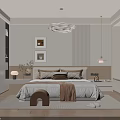 Modern Minimalist Bedroom Interior With Headboard Pillows Blanket Chandelier Framed Pictures And Rug