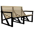 Outdoor Wooden Bench With Slatted Seat And Black Metal Frame Structure