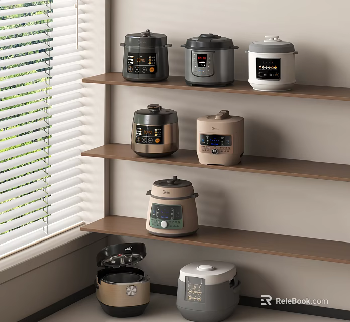 Kitchen Appliances Display With Multiple Rice Cookers On Wooden Shelves And Window Blinds 3d model 