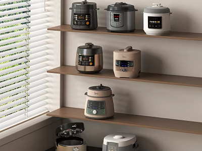 Kitchen Appliances Display With Multiple Rice Cookers On Wooden Shelves And Window Blinds 3d model
