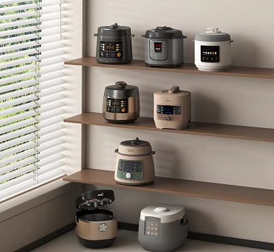 Kitchen Appliances Display With Multiple Rice Cookers On Wooden Shelves And Window Blinds 3d model