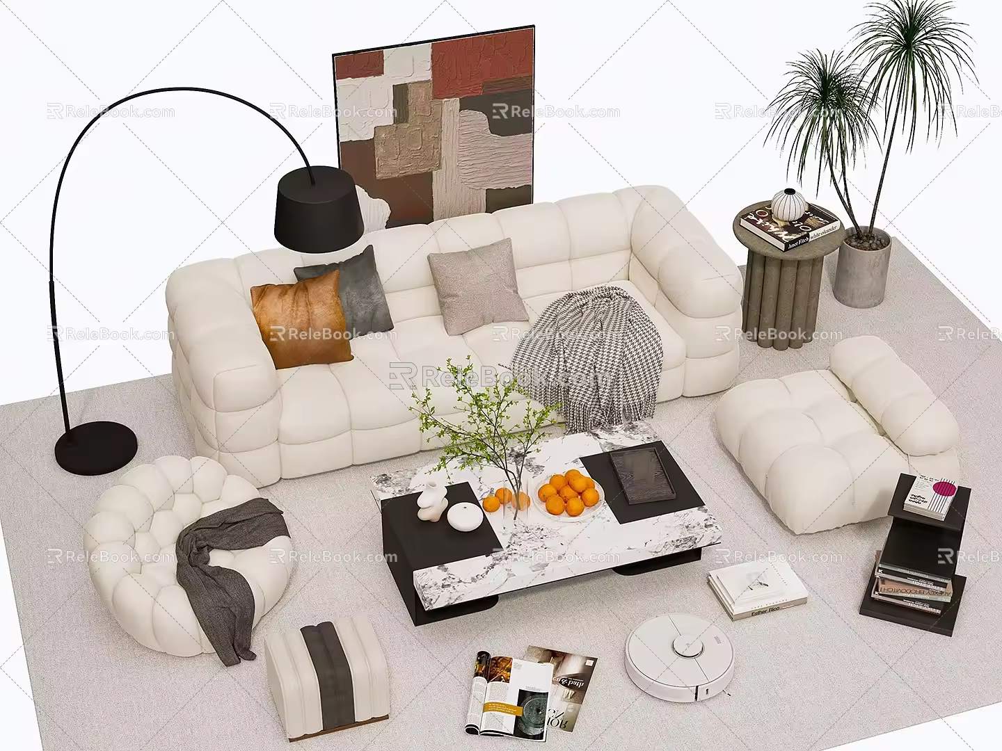 Modern Sofa Coffee Table Combination Lazy Sofa Multi-Person Sofa Green Planting 3d model