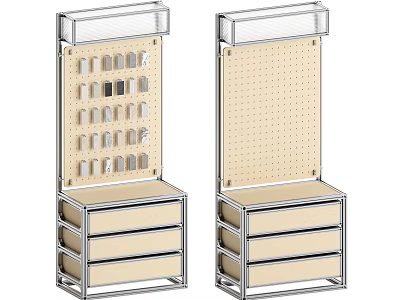 Display Cabinets With Perforated Back Panels Multiple Drawers And Metal Frames 3d model