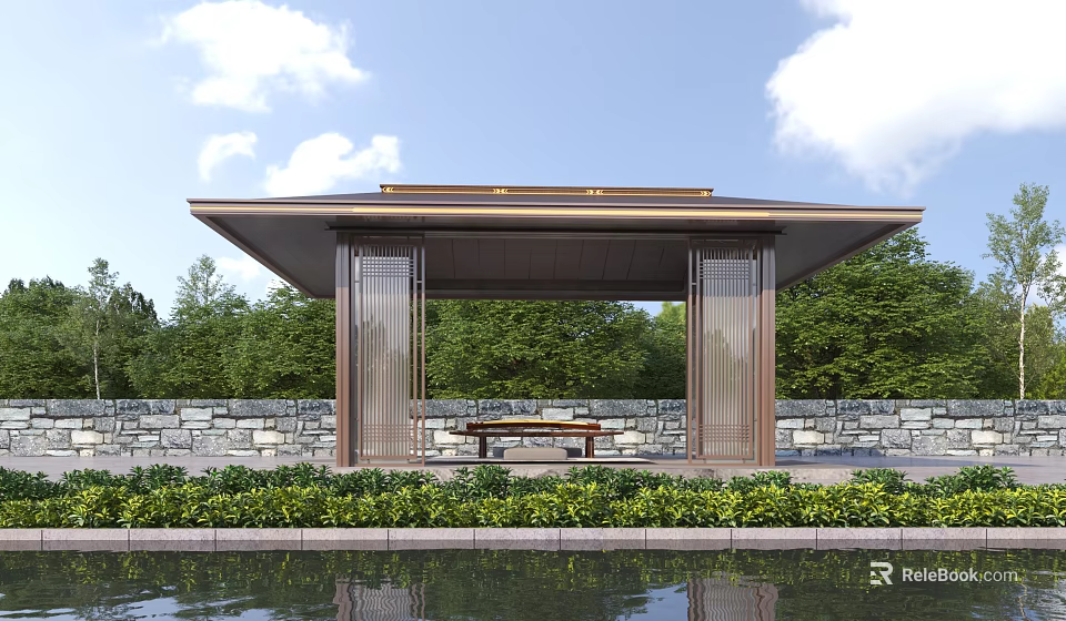 Elegant Modern Pavilion With Water Pool Greenery Stone Wall And Wooden Bench 3d model 