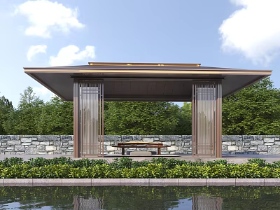Elegant Modern Pavilion With Water Pool Greenery Stone Wall And Wooden Bench 3d model