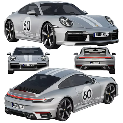 Silver Porsche Sports Car With White Stripes 60 Badge And Black Wheels 3d model