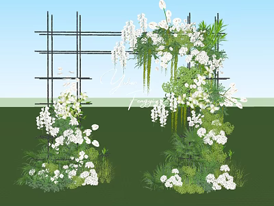Outdoor Floral Arch Decoration With White Flowers Green Plants And Hanging Blooms 3d model