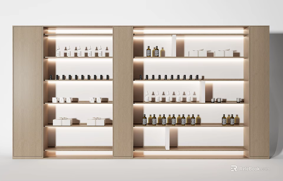 Modern Wooden Display Shelves with Integrated LED Lighting and Displayed Bottles Boxes Storage 3d model 