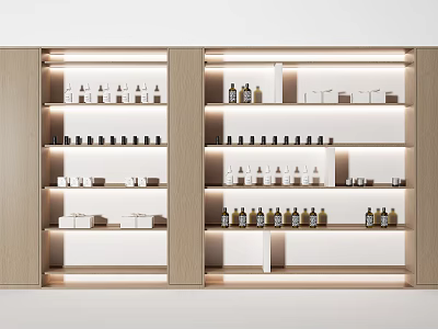 Modern Wooden Display Shelves with Integrated LED Lighting and Displayed Bottles Boxes Storage 3d model