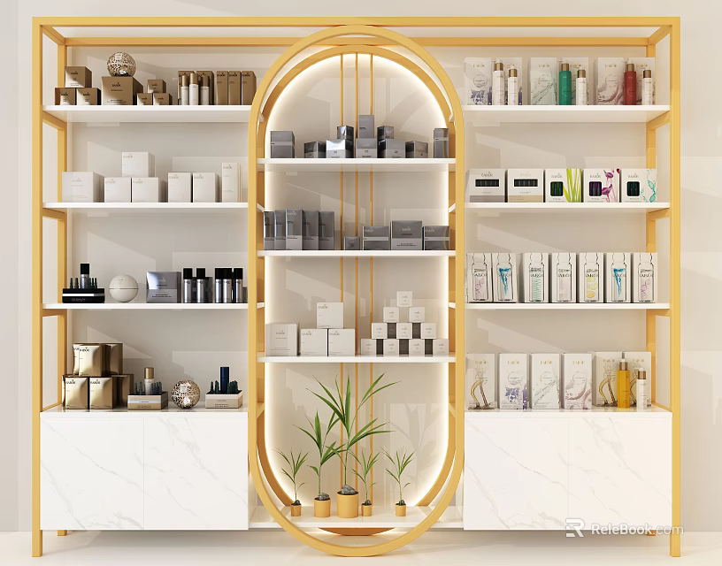Elegant Golden Frame Display Shelves With Various Products White Cabinets And Green Plants 3d model 