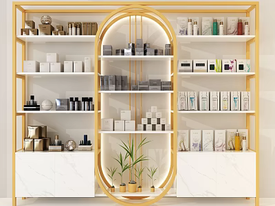 Elegant Golden Frame Display Shelves With Various Products White Cabinets And Green Plants 3d model