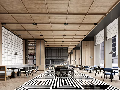 Modern Restaurant Interior With Wooden Ceiling Black White Patterned Floor And Dining Tables 3d model
