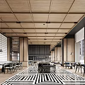 Modern Restaurant Interior With Wooden Ceiling Black White Patterned Floor And Dining Tables