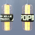 Two Lantern Shaped Decorative Lamps With Metal Frame Yellow Light Tubes And Blue Glowing Text