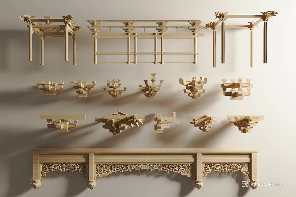 Traditional Wooden Architectural Components With Carved Brackets And Decorative Frames 3d model 