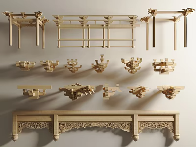 Traditional Wooden Architectural Components With Carved Brackets And Decorative Frames 3d model