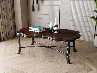 Curved Coffee Table With Wooden Top Metal Legs Stacked Books And Striped Vases On Herringbone Floor 3d model