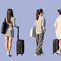 Multiple Women With Luggage And Bags In Various Poses Standing Or Walking