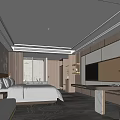 Modern Hotel Room Interior Design with Bed TV Desk Chair and Light Tones Carpet