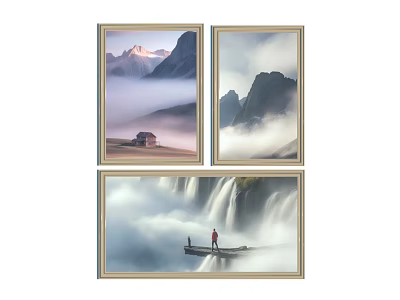 Framed Landscape Paintings Featuring Mountains Mist Small House Waterfall And Person On Wooden Bridge 3d model