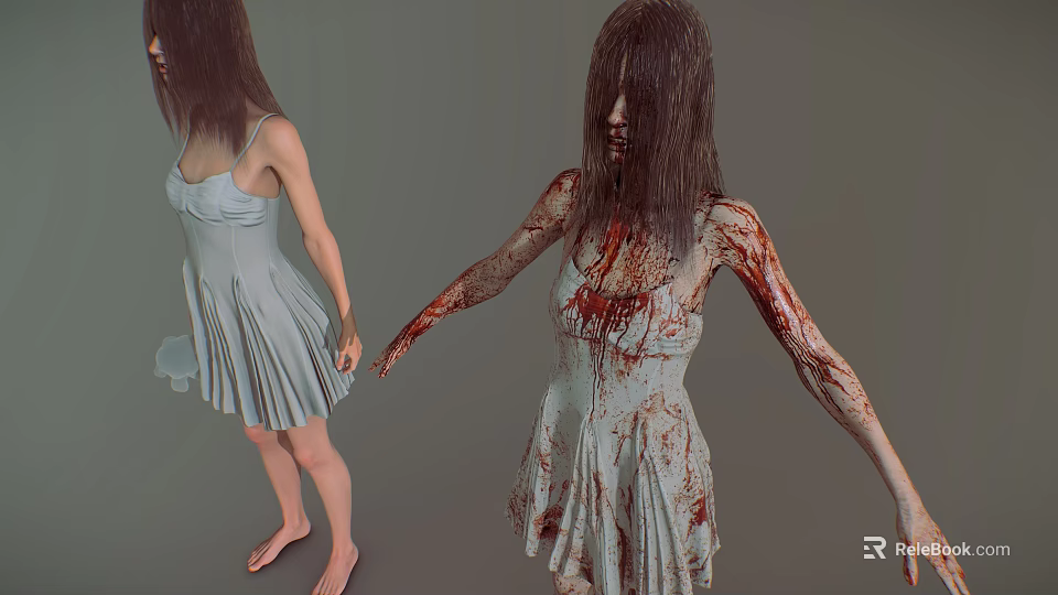 Horror Game And Film Character In Light Blue Dress With Blood 3d model 