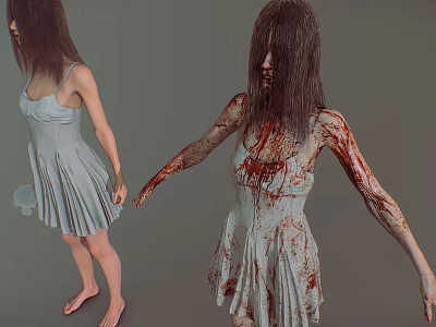 Horror Game And Film Character In Light Blue Dress With Blood 3d model Horror Game And Film Character In Light Blue Dress With Blood 3d model