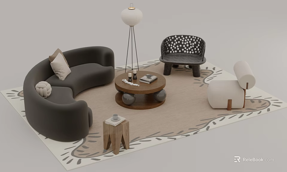 Curved Gray Sofa Set With Round Coffee Table Pillows Patterned Chair Floor Lamp And Rug 3d model 