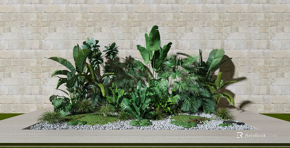 Lush Green Tropical Plants with Large Leaves Against Brick Wall and Pebbles Grass Lawn 3d model 