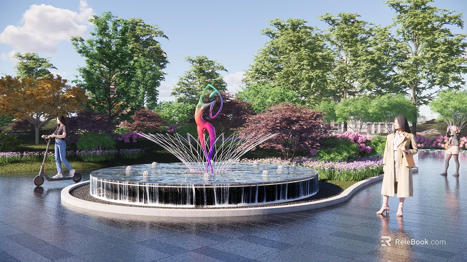 Colorful Dancer Sculpture Centerpiece In Garden Fountain With Water Features 3d model 