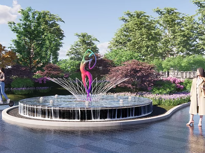 Colorful Dancer Sculpture Centerpiece In Garden Fountain With Water Features 3d model