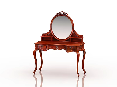 Classical Wooden Dressing Table With Oval Mirror Carved Details Drawers And Curved Legs 3d model