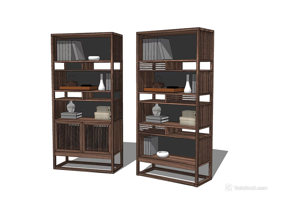 Modern Wooden Bookcases With Multiple Open Shelves Books And Decorative Vases 3d model 