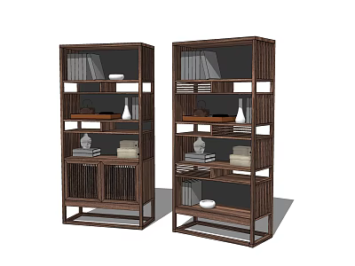 Modern Wooden Bookcases With Multiple Open Shelves Books And Decorative Vases 3d model