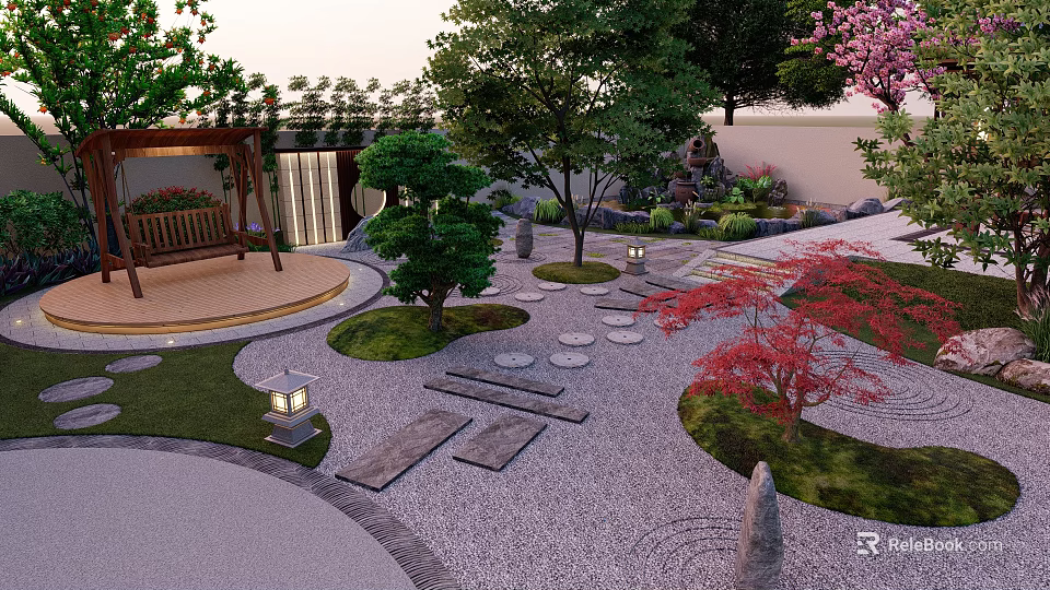 Japanese Garden Landscape With Stone Stepping Path Maple Trees And Stone Lanterns 3d model 