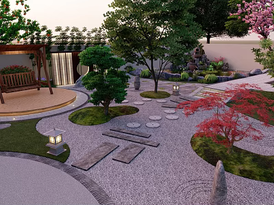 Japanese Garden Landscape With Stone Stepping Path Maple Trees And Stone Lanterns 3d model