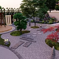 Japanese Garden Landscape With Stone Stepping Path Maple Trees And Stone Lanterns