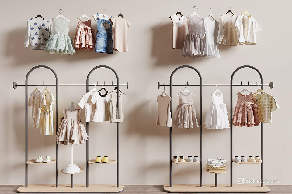 Fashionable Women's Clothes Display on Racks with Dresses Tops and Shoes 3d model 