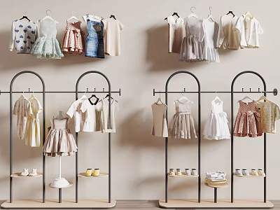 Fashionable Women's Clothes Display on Racks with Dresses Tops and Shoes 3d model