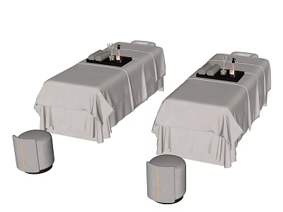 Comfortable Massage Bed with Gray Sheet Stool Tray and Spa Accessories 3d model