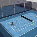 Indoor Sports Facility With Two Basketball Courts Blue Flooring And Enclosed Netting