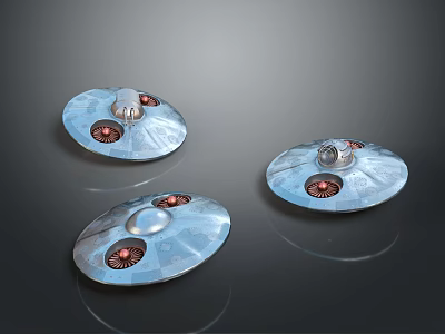 Three Metallic Disc Shaped Objects With Shiny Surface And Red Circular Elements On Dark Background 3d model