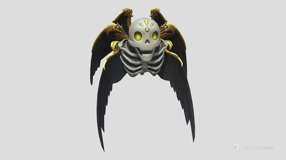 Game and Movie Character Skeleton Skull With Yellow Eyes Black Wings And Golden Decorations 3d model 
