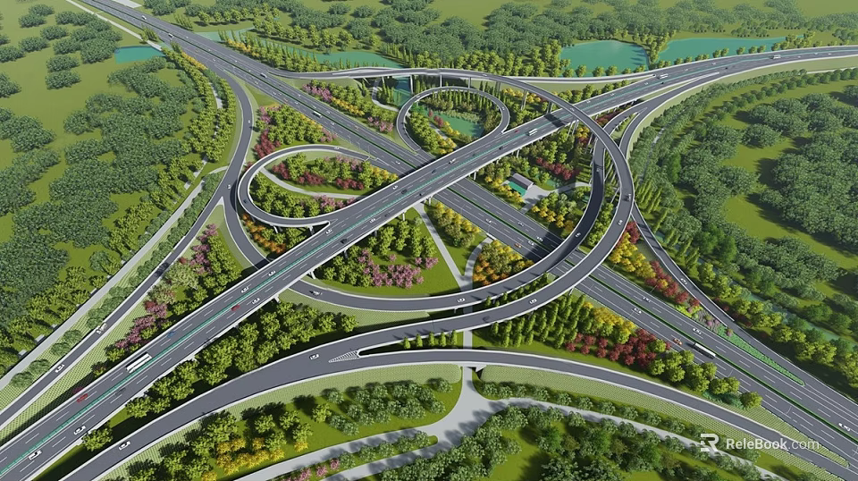 Elevated Landscape Bridge Interchange With Lush Green Trees And Colorful Plants 3d model 