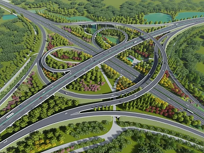 Elevated Landscape Bridge Interchange With Lush Green Trees And Colorful Plants 3d model