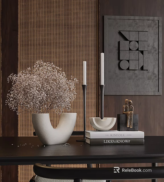 Modern Decorative Ornament Set With Dried Flowers Candle Holders And Figurine On Books 3d model 