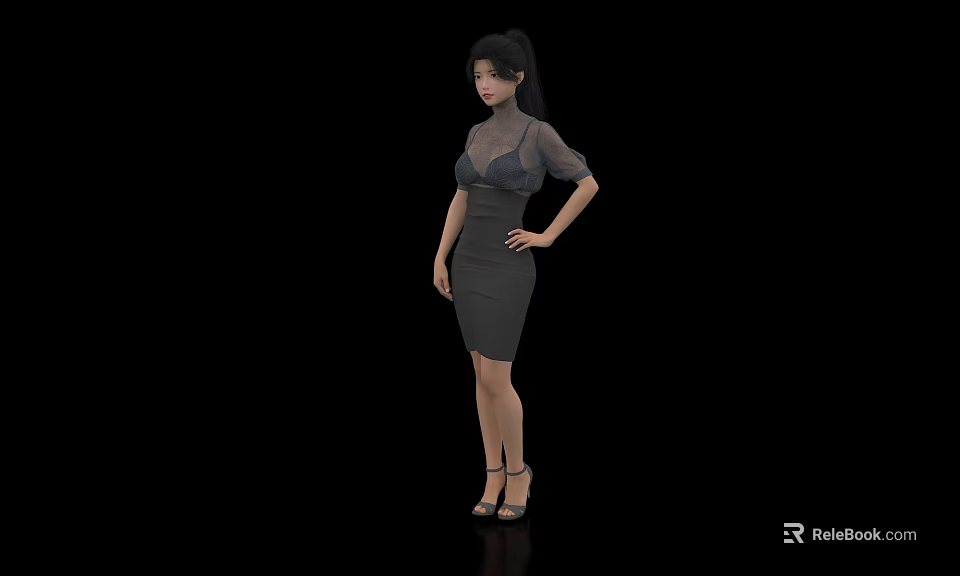 Elegant Woman In Gray Sheer Top Dress With Puffed Sleeves And High Heels 3d model 
