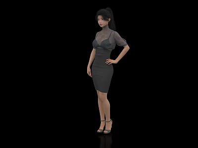 Elegant Woman In Gray Sheer Top Dress With Puffed Sleeves And High Heels 3d model