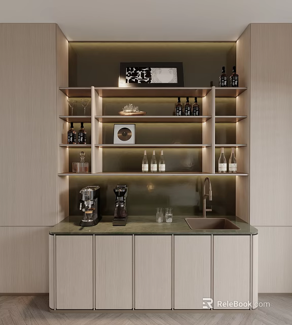Modern Sideboard With Glass Shelves Wine Bottles Coffee Machine Sink And Lighting 3d model 