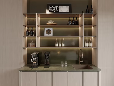 Modern Sideboard With Glass Shelves Wine Bottles Coffee Machine Sink And Lighting 3d model