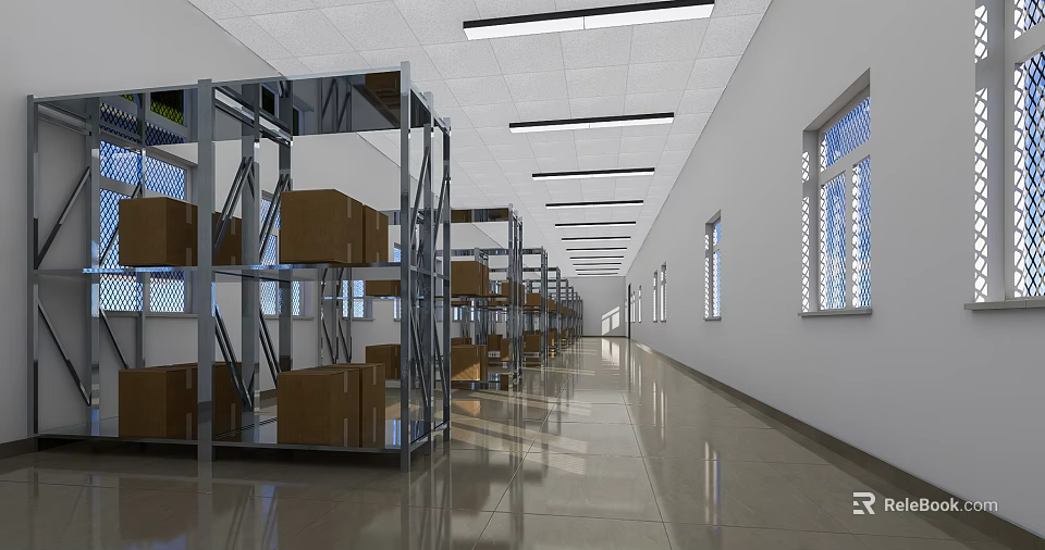 Spacious Warehouse Storage With Metal Shelves Cardboard Boxes Windows And Fluorescent Lighting 3d model 